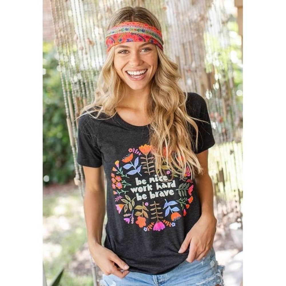Natural Life Be Nice Work Hard Be Brave Floral Boho Graphic Tee Gray Sz S Shirt